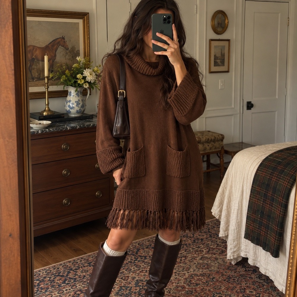 Fringe Sweater Dress Womens M Chocolate Brown Western Boho